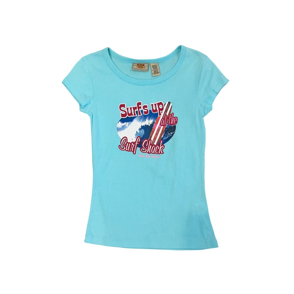Vintage Route 66 Y2K Surfs Up Graphic Baby Tee Retro Surf Beachy Blue Size XS